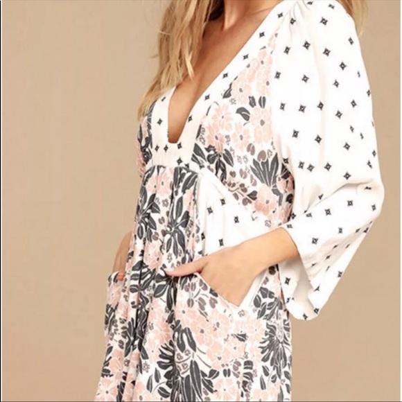FREE PEOPLE floral dress white pink black pocket v-neck waist tie - Picture 2 of 5